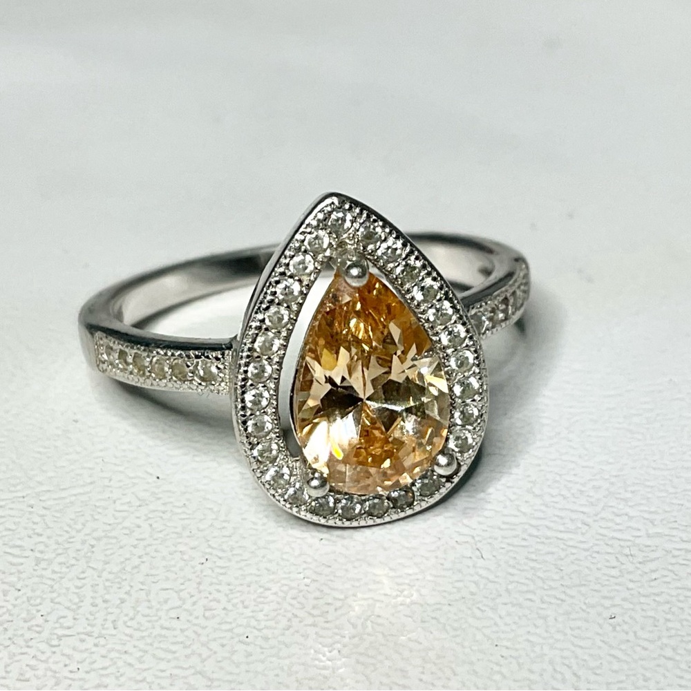 Sterling Silver CZ Ring Teardrop Halo SZ 6.25